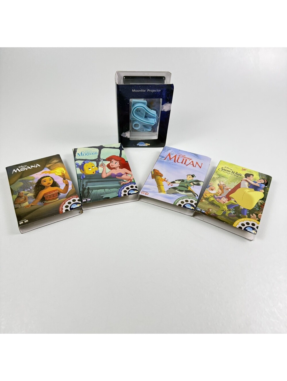 Moonlite Storytime Projector and 4 Disney Reels Mulan Moana Snow White Mermaid